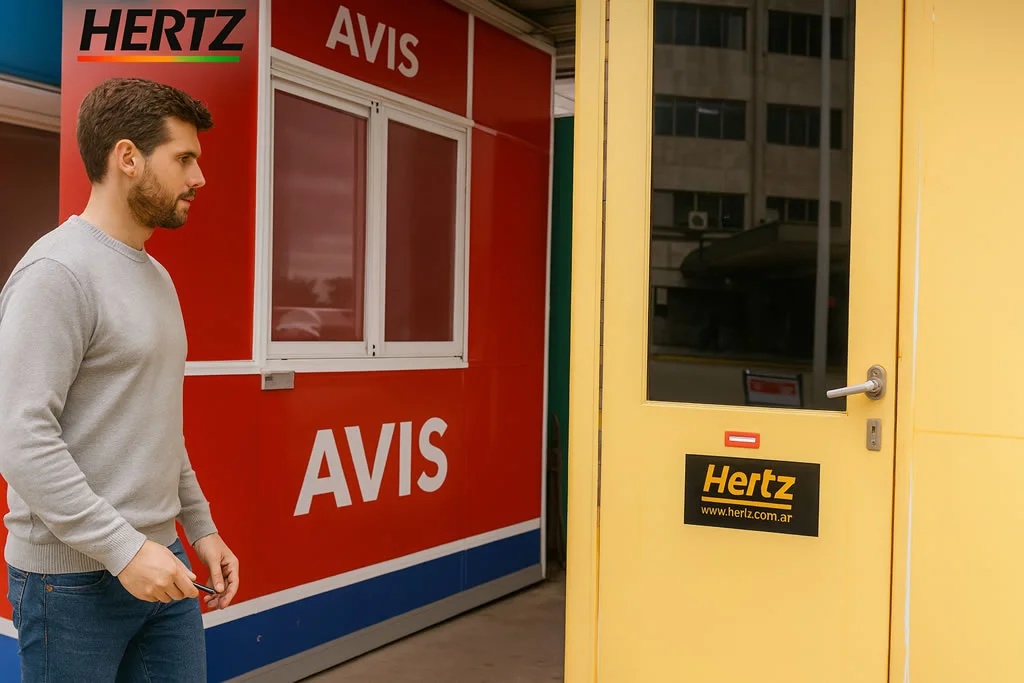 Hombre aproximándose al mostrador de devolución de coche en alquiler de Hertz, y próximo a la cabina de AVIS, en aeropuerto de Ezeiza
