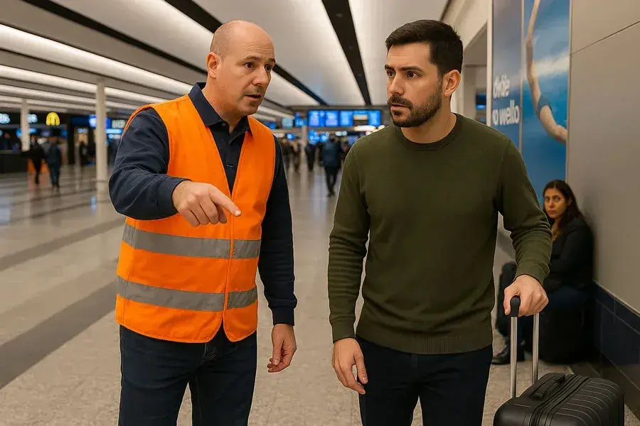 Personal del aeropuerto de Ezeiza dando indicaciones a un pasajero.